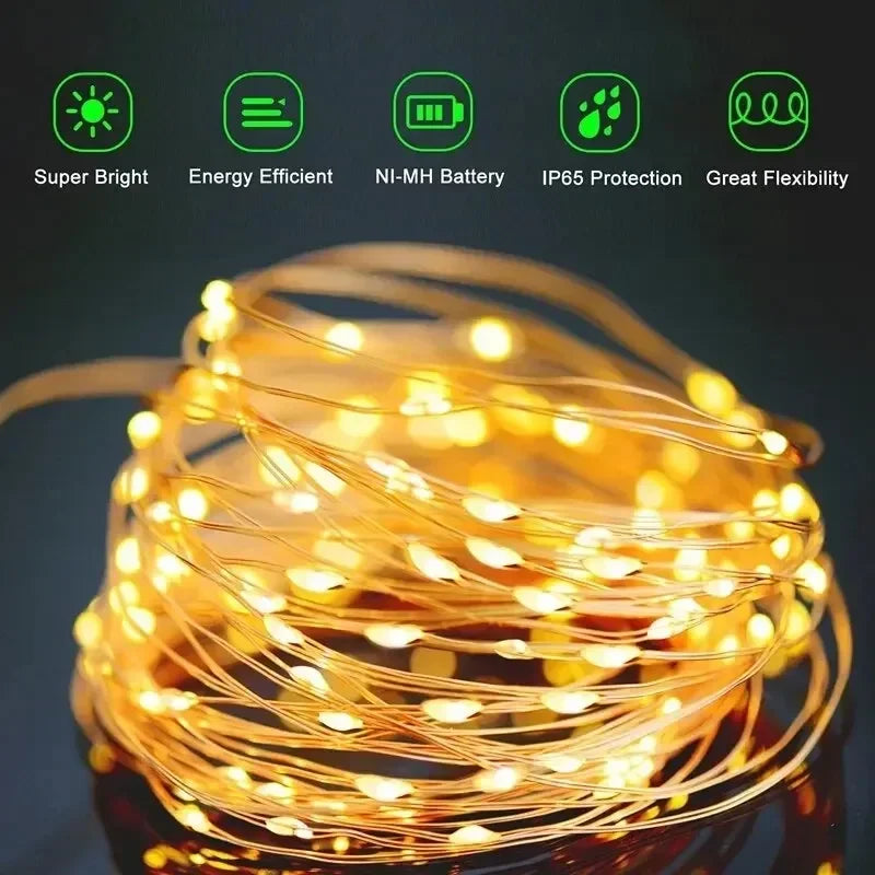 Guirnalda Solar 100 LED Impermeable – Luces de Cobre para Jardín, Boda o Decoración Navideña Exterior