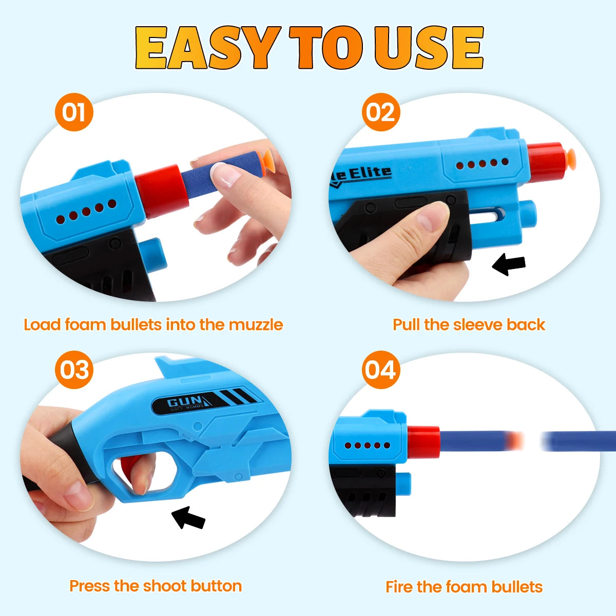 Pistola de Dardos de Espuma para Niños – Blaster Manual Seguro con Munición Suave y Colores Variados