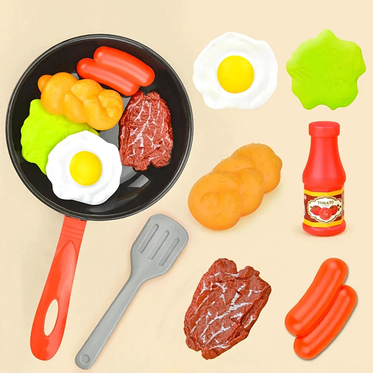 Set de Cocina Infantil 8 Piezas – Juego de Imitación con Ollas, Sartén y Comida de Juguete (Pan, Huevo, Salchicha, Verduras, Carne) – Juguetes Educativos para Niños