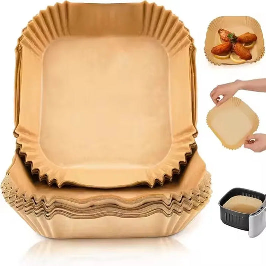 50/100 Pzs Papel para Freidora de Aire – Antiadherente, Resistente al Calor, Desechable, Redondo o Cuadrado