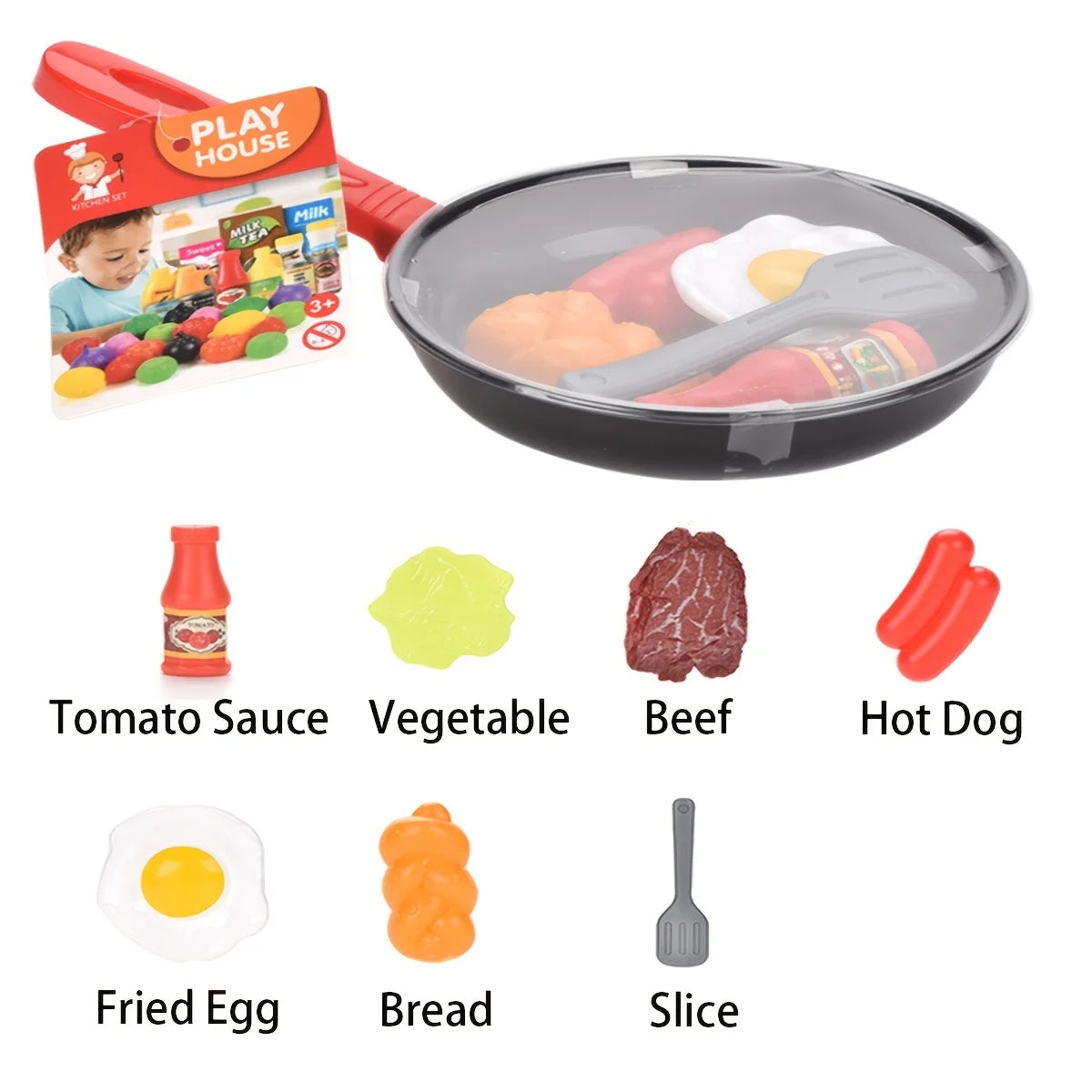 Set de Cocina Infantil 8 Piezas – Juego de Imitación con Ollas, Sartén y Comida de Juguete (Pan, Huevo, Salchicha, Verduras, Carne) – Juguetes Educativos para Niños