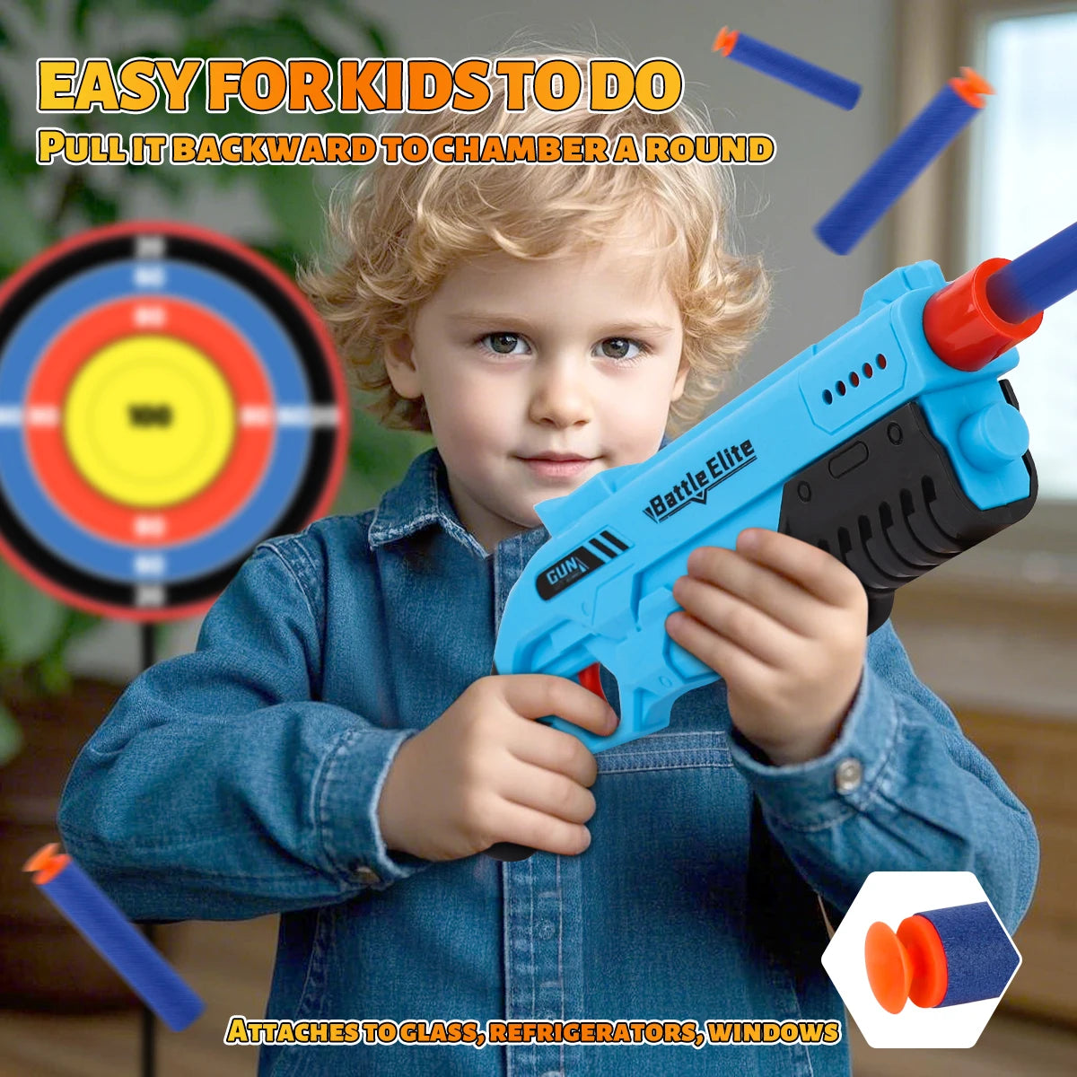 Pistola de Dardos de Espuma para Niños – Blaster Manual Seguro con Munición Suave y Colores Variados