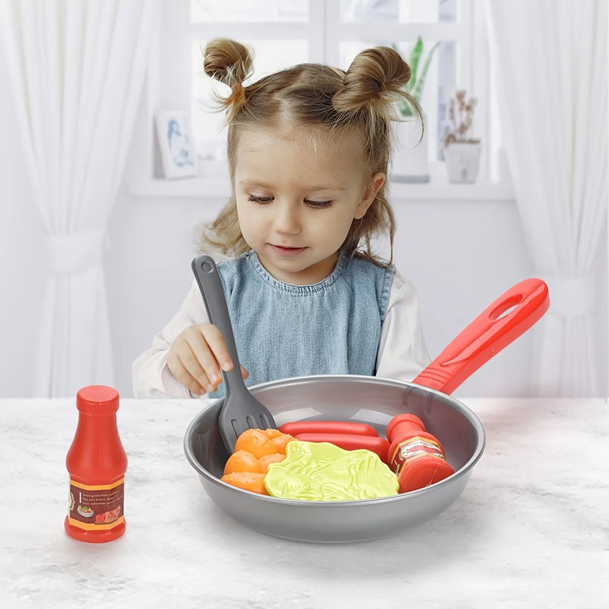 Set de Cocina Infantil 8 Piezas – Juego de Imitación con Ollas, Sartén y Comida de Juguete (Pan, Huevo, Salchicha, Verduras, Carne) – Juguetes Educativos para Niños