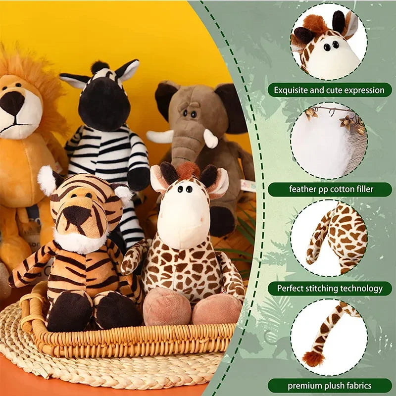 Peluches Kawaii de Animales de la Jungla 25cm – Juguetes de Selva: Perro, Cebra, Elefante, León, Zorro y Jirafa – Regalo de Cumpleaños para Niños