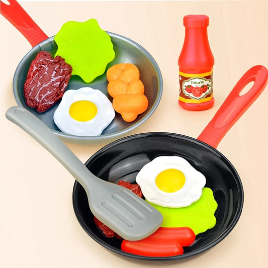 Set de Cocina Infantil 8 Piezas – Juego de Imitación con Ollas, Sartén y Comida de Juguete (Pan, Huevo, Salchicha, Verduras, Carne) – Juguetes Educativos para Niños