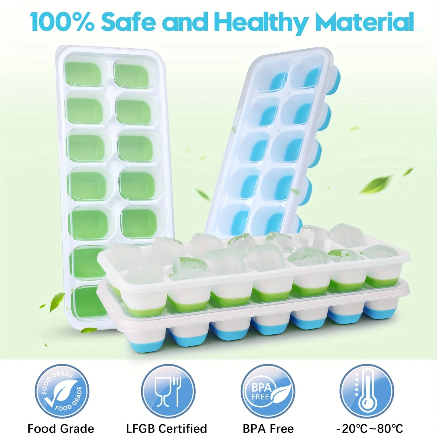 Molde de Hielo de Silicona Flexible con Tapa Antiderrames – Bandeja Apilable para Cubos de Hielo