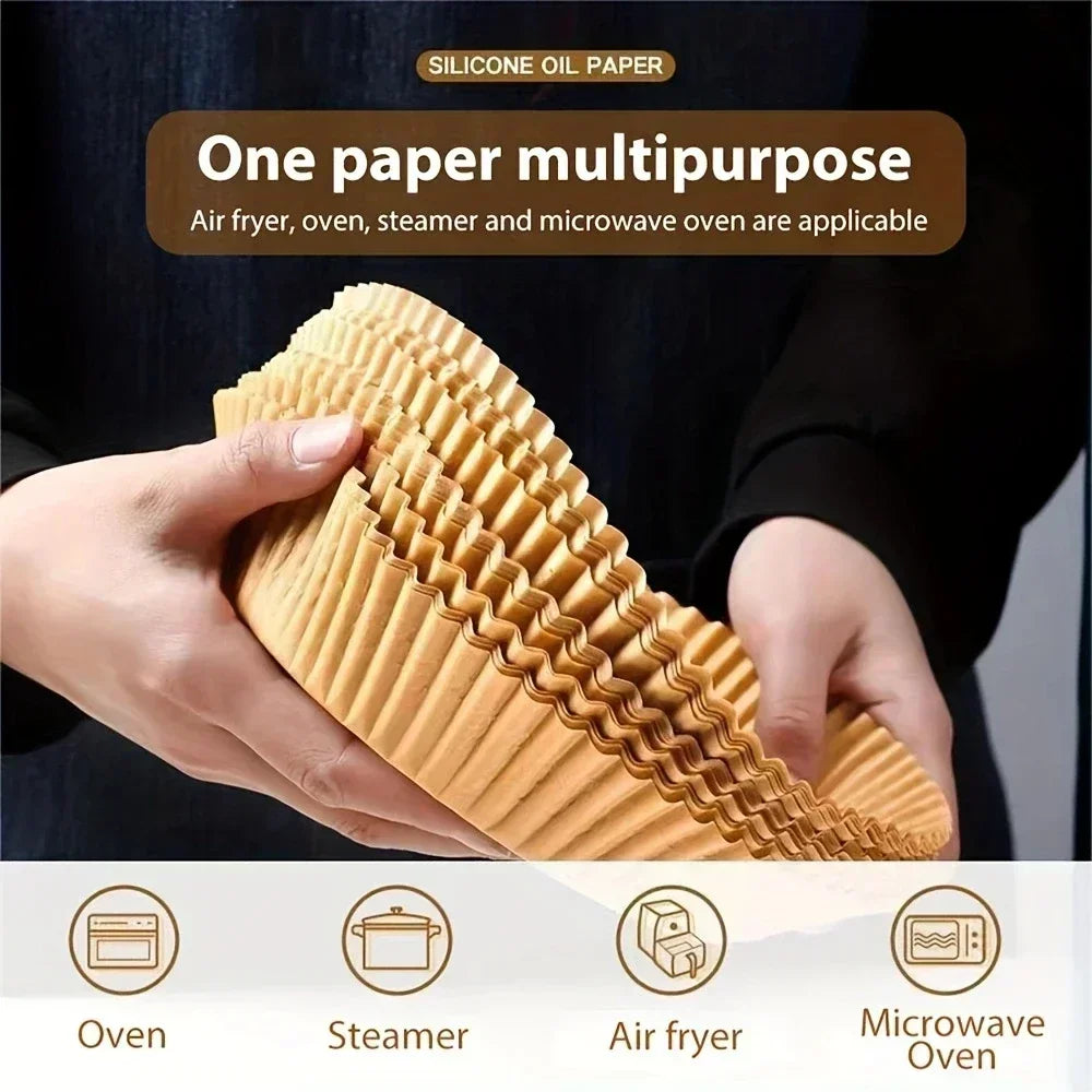 50/100 Pzs Papel para Freidora de Aire – Antiadherente, Resistente al Calor, Desechable, Redondo o Cuadrado