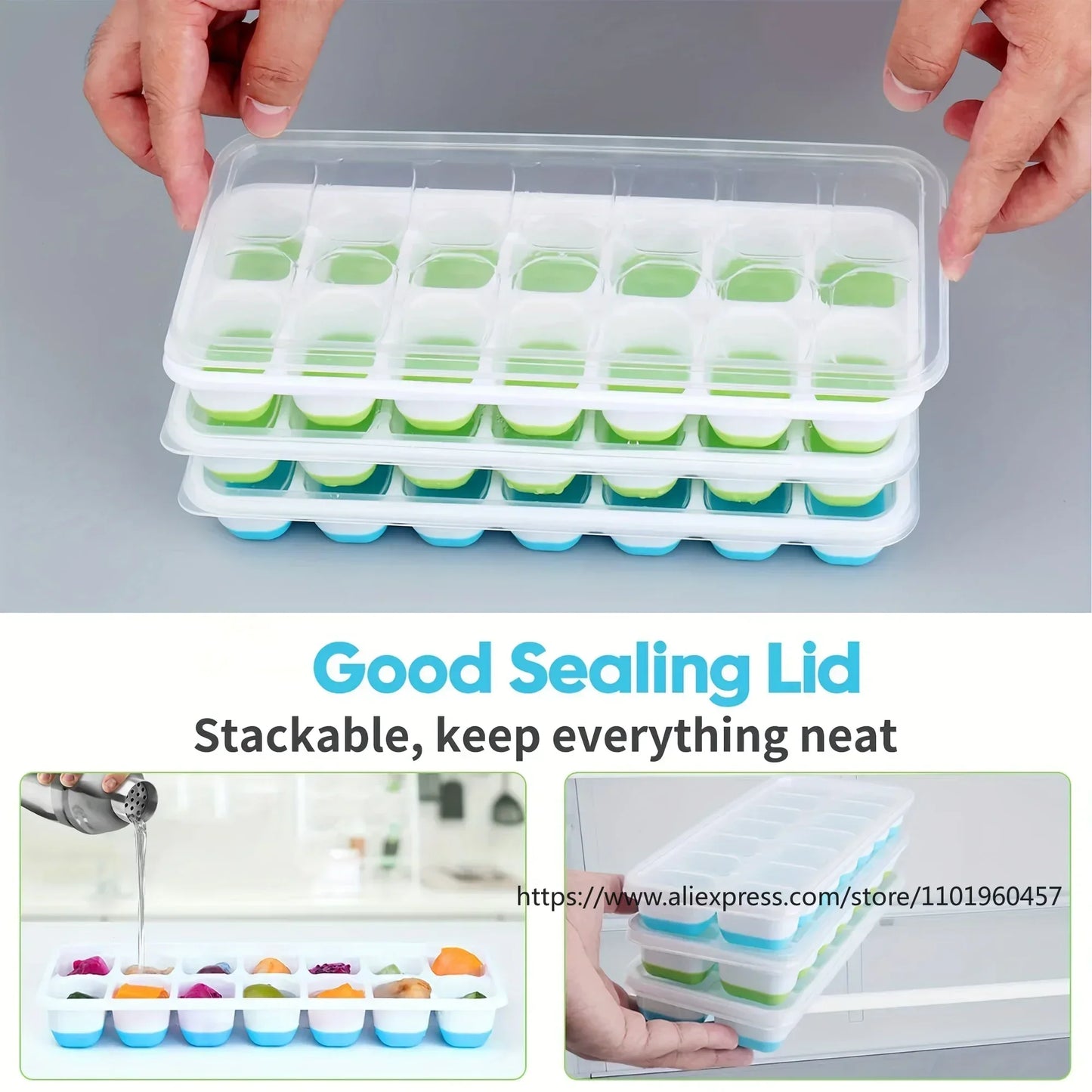 Molde de Hielo de Silicona Flexible con Tapa Antiderrames – Bandeja Apilable para Cubos de Hielo