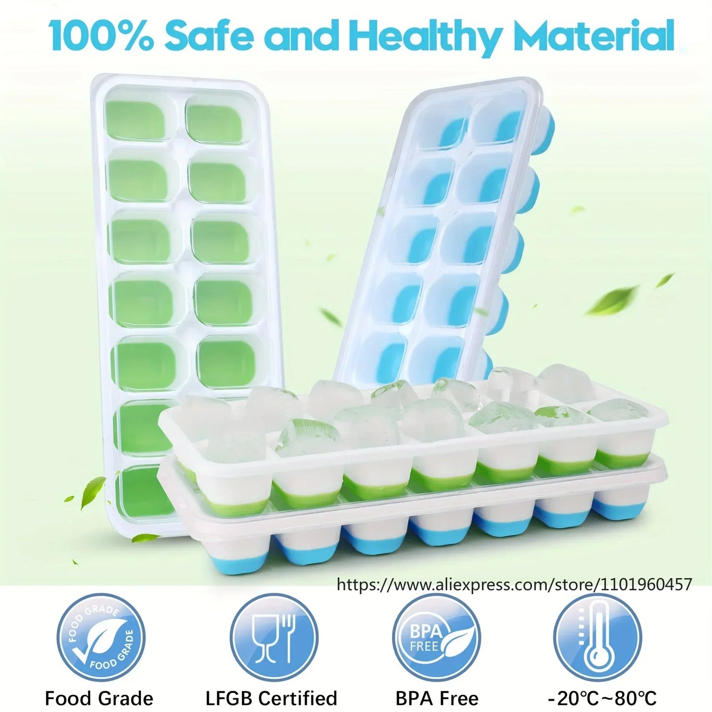 Molde de Hielo de Silicona Flexible con Tapa Antiderrames – Bandeja Apilable para Cubos de Hielo