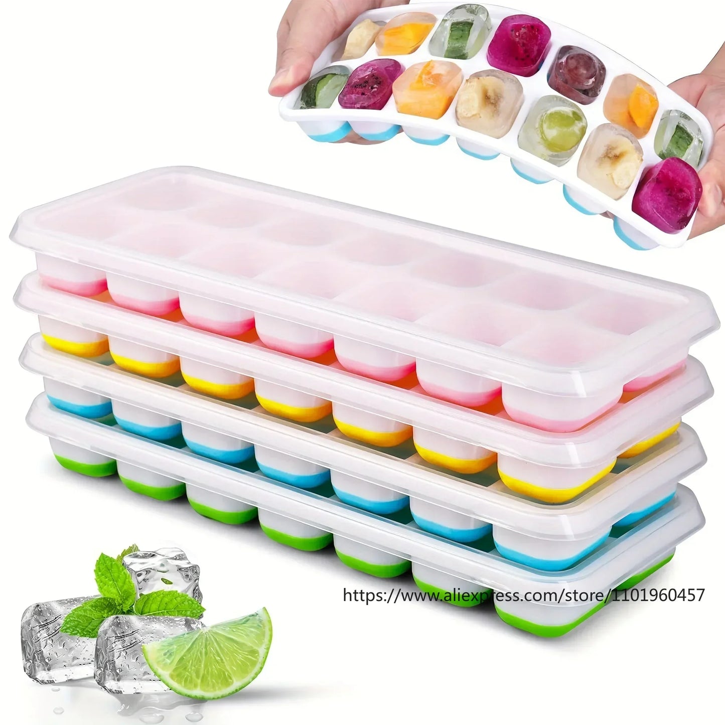 Molde de Hielo de Silicona Flexible con Tapa Antiderrames – Bandeja Apilable para Cubos de Hielo