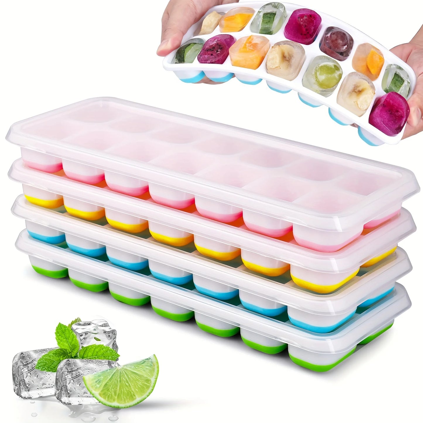 Molde de Hielo de Silicona Flexible con Tapa Antiderrames – Bandeja Apilable para Cubos de Hielo
