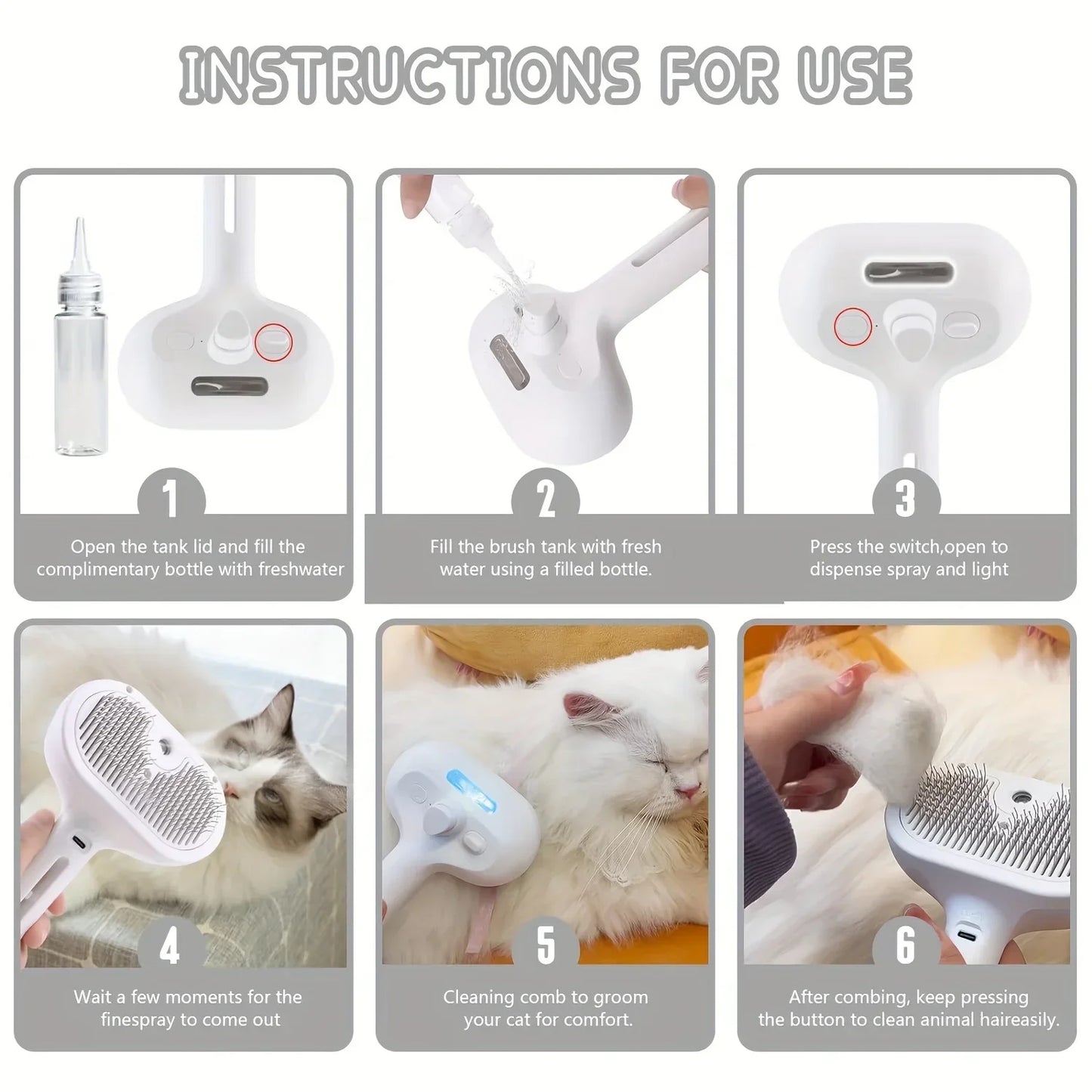 Peine con Spray de Vapor para Mascotas – Removedor de Pelo y Humidificador para Gatos y Perros